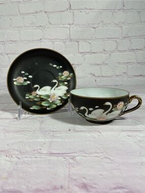 Vintage Nippon Swan and Floral Gold Trim Porcelain Teacup and Saucer Set Japan